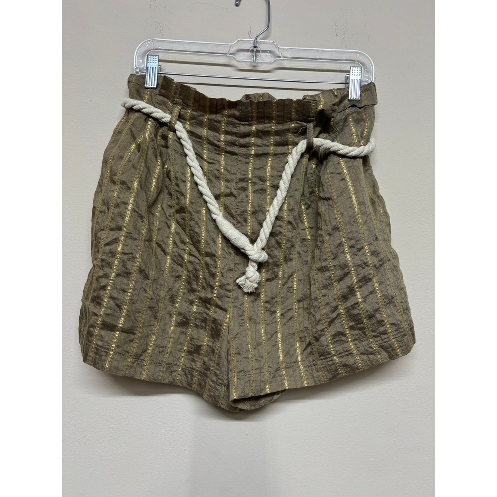 ZARA Gold Stripe High Waist Shorts Rope Belt Brown Women Size L Paper Bag Casual